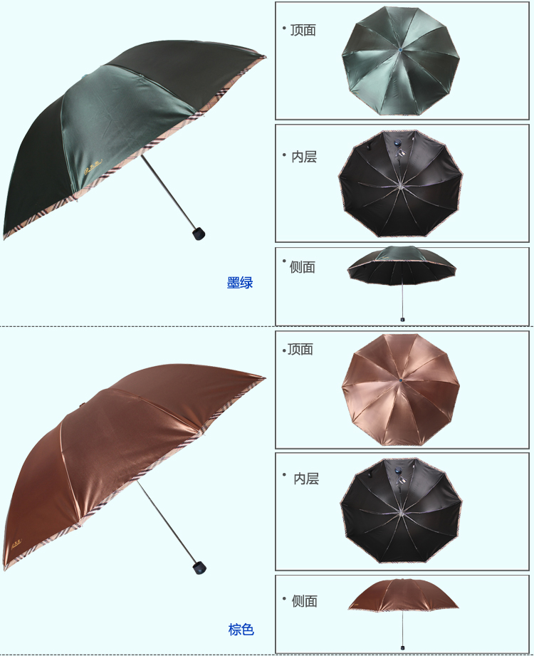 天堂伞 加大加固缎面黑胶格子布包边防紫外线三折钢杆钢骨超大商务晴雨伞 墨绿 33196E