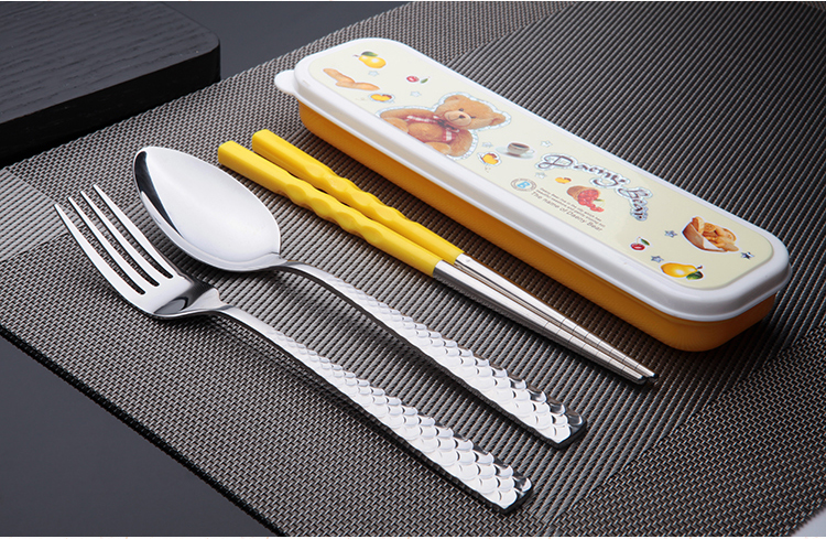 阳光飞歌 不锈钢便携餐具 勺筷叉三件套卡通盒黄色鱼鳞 1130