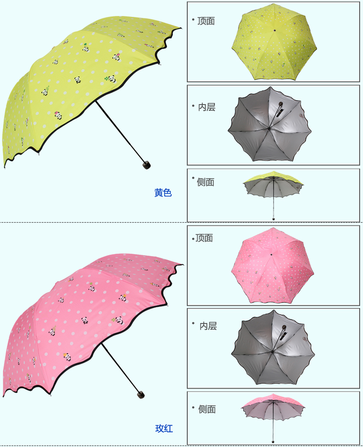 天堂伞 格林童话银色月光布防紫外线三折蘑菇铅笔晴雨伞 玫红 33077E