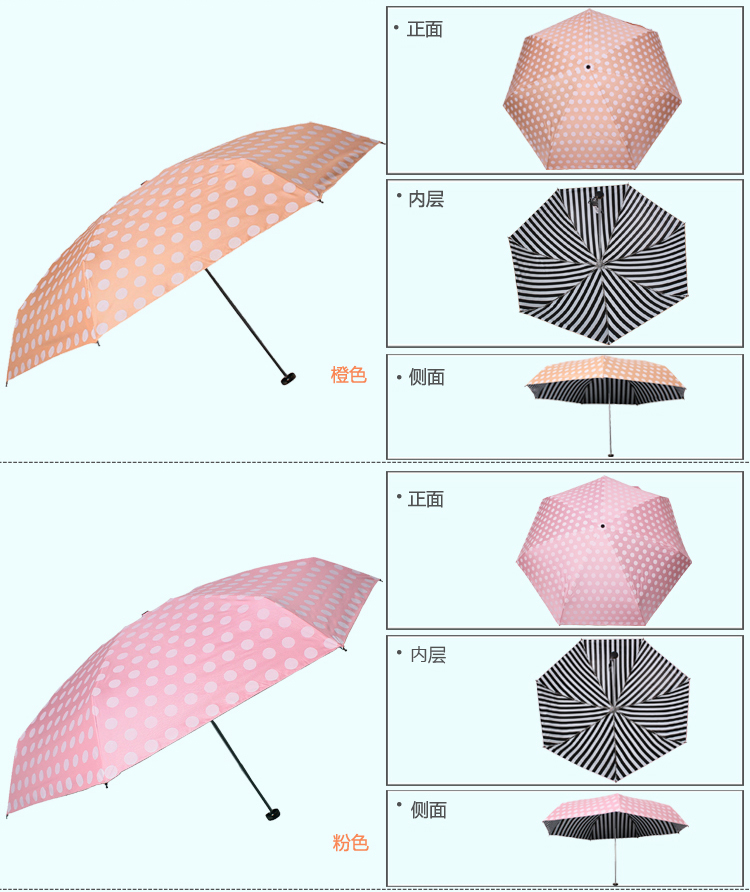 天堂伞 经典条纹黑胶防紫外线五折超轻晴雨伞 湖绿 53001E
