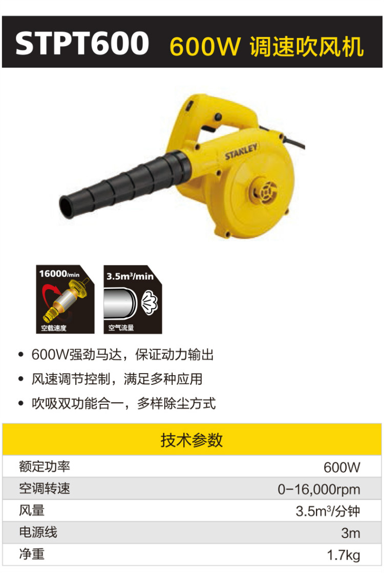 史丹利（STANLEY）600W 调速吹风机 STPT600-A9-京东