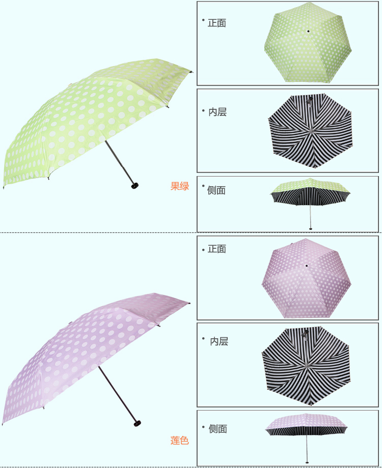天堂伞 经典条纹黑胶防紫外线五折超轻晴雨伞 湖绿 53001E