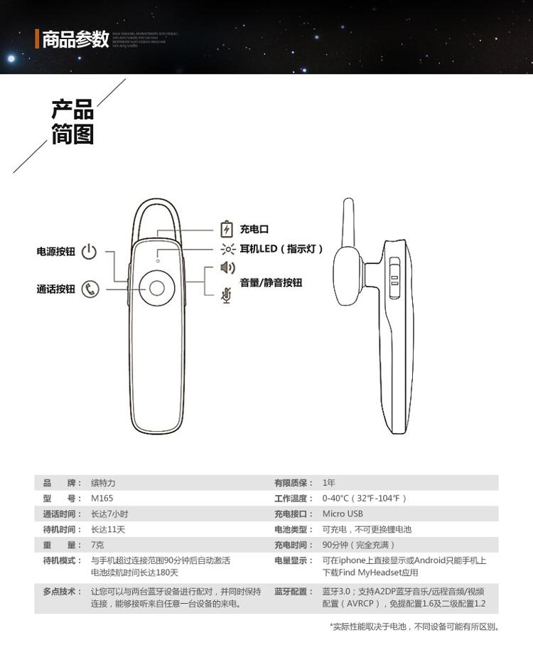 
                                                            缤特力（Plantronics）M165 商务单耳蓝牙耳机 通用型 耳挂式 黑色                