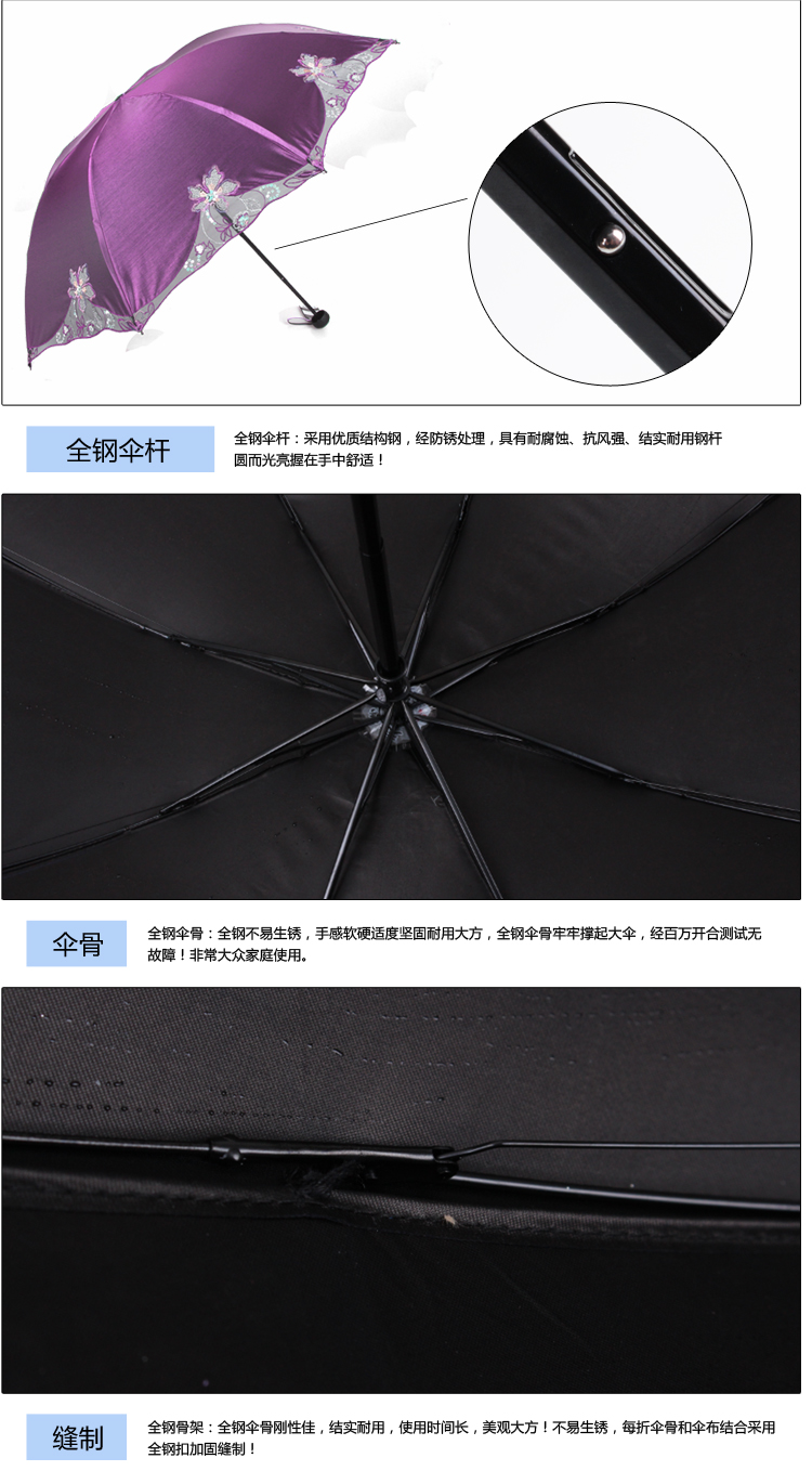 天堂伞 花之心语变色闪光黑胶三折晴雨伞386E新海棠红