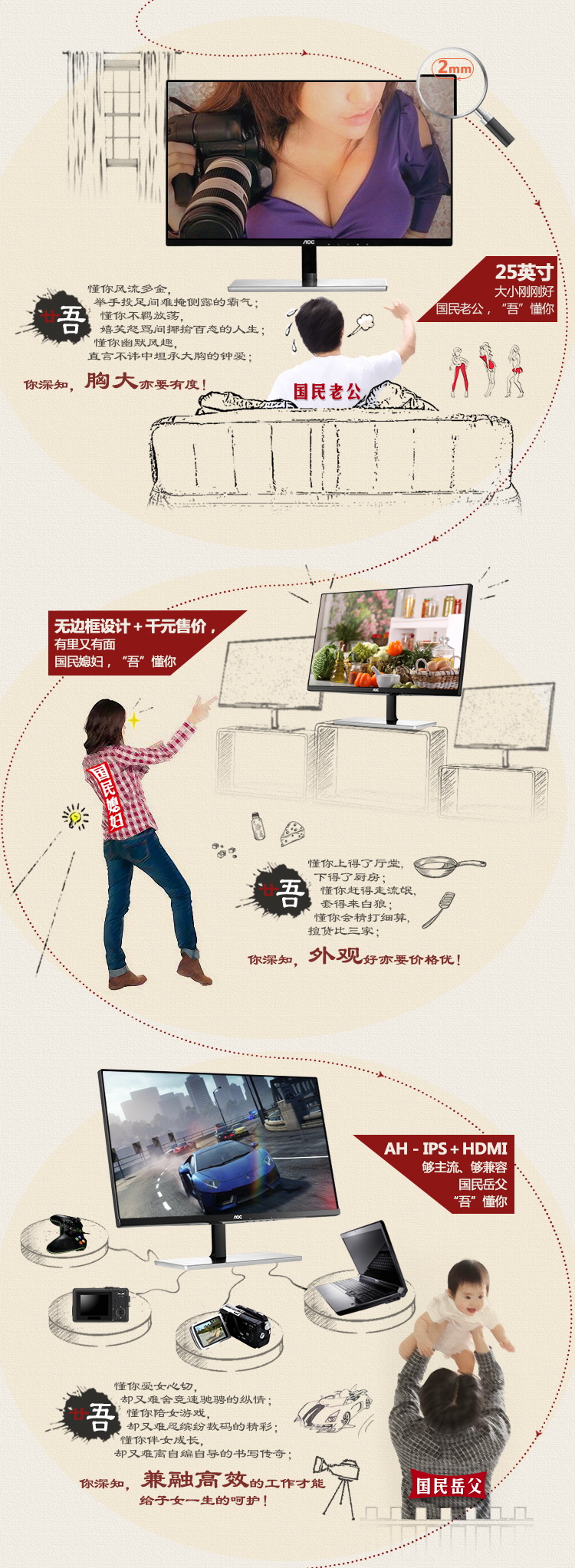 
                                        AOC I2579VM 25英寸AH-IPS广视角窄边框爱眼不闪屏显示器(双HDMI)                