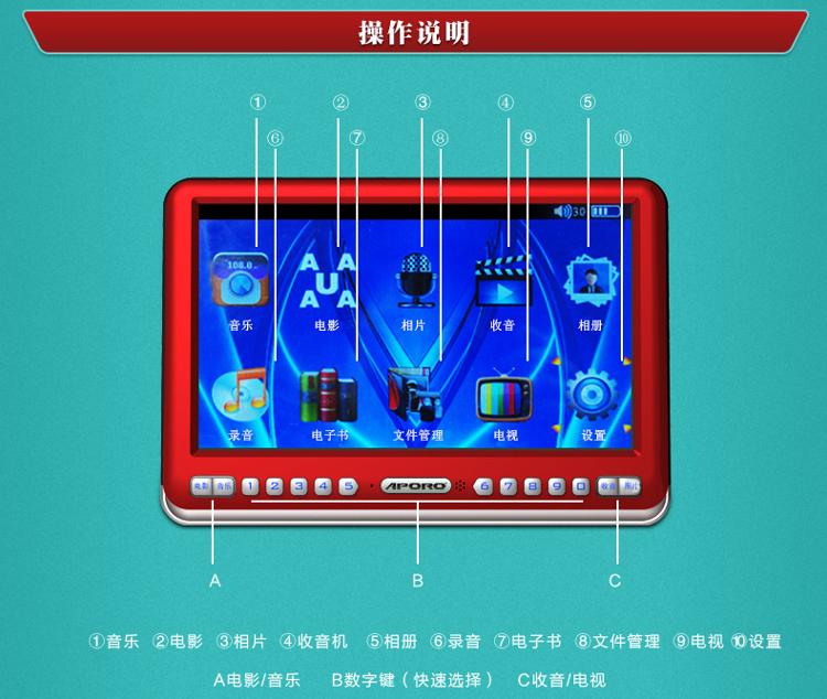 阿波罗（APORO） A918S 9英寸大屏高清老人看戏机插卡视频播放器收音机（玫瑰金）