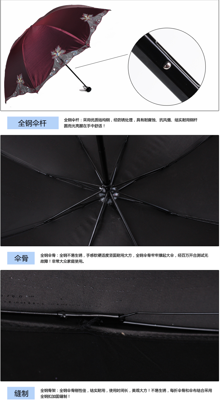 天堂伞 花之心语变色闪光黑胶三折晴雨伞386E新酱红