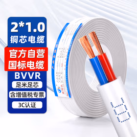 鲁诚讯国标电线RVVB2*1.0 300/500V 白色软线 50米 无氧铜芯 家用阻燃抗老化