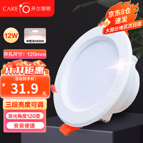 开尔照明（CARE）LED嵌入式筒灯 无主灯照明客厅酒店防眩目 4寸12W 中性光4000K三段调光 开孔11.5cm精品系列