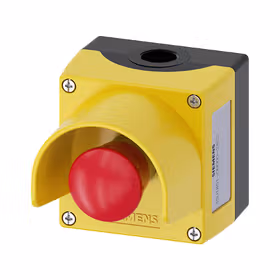 西门子 按钮盒,外壳金属,顶端黄色,带护圈,1指令点金属,A=红色急停蘑菇形按钮,40mm,旋转解锁,1S,1NC,1NC；3SU18510ND002AC2