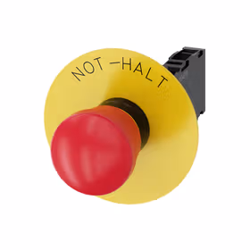 西门子 蘑菇头急停按钮,22mm,塑料,红色,40mm,强制锁定,拉动释放机构,带黄色名称牌支架,标记：急停,1NO+1NC,螺栓型端子连接,；3SU11001HA201FH0