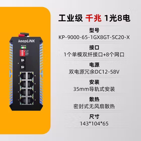 keepLINK 友联KP-9000-65-1GX8GT-SC20-X 工业交换机1光8电千兆单模双纤导轨式