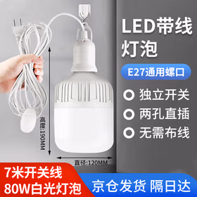 翼芯智能（YXKJ） LED带线灯泡悬挂E27螺口灯座防水防尘节能灯 7米开关线+80W白光灯泡（京仓发货）