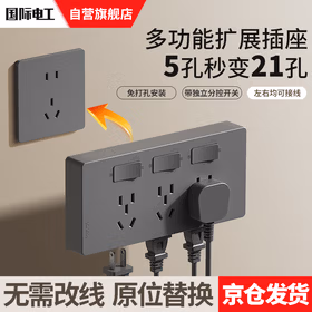 国际电工86型扩展式插座墙面延伸拓展插座多功能多孔十五孔带开关 灰色【左右通用】21孔 +独立开关