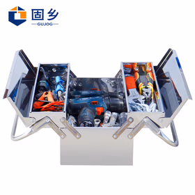 固乡 不锈钢工具箱 多功能工业级维修手提式电工五金收纳盒 折叠箱 双层 350款 355*200*160mm