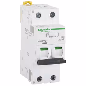 施耐德电气 A类电子式剩余电流动作保护断路器,额定电流50A,额定分断能力6kA,剩余动作电流30mA,2P,C曲线；iC65N Vigi+ C 50A 30mA A ELE