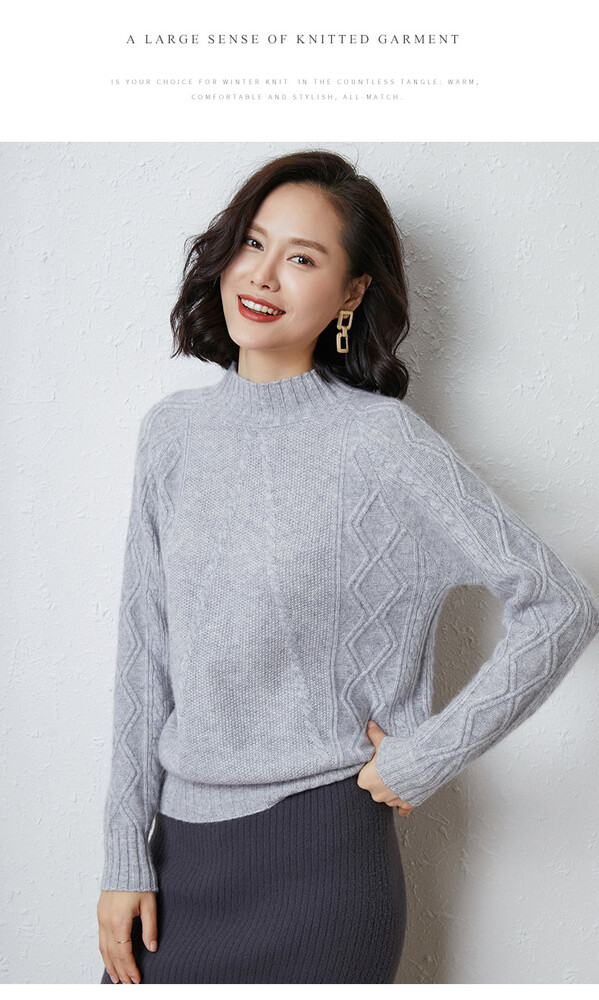 仙丫2019冬季新款女装新品半高领羊绒衫女加厚扭花纯色套头韩版上衣