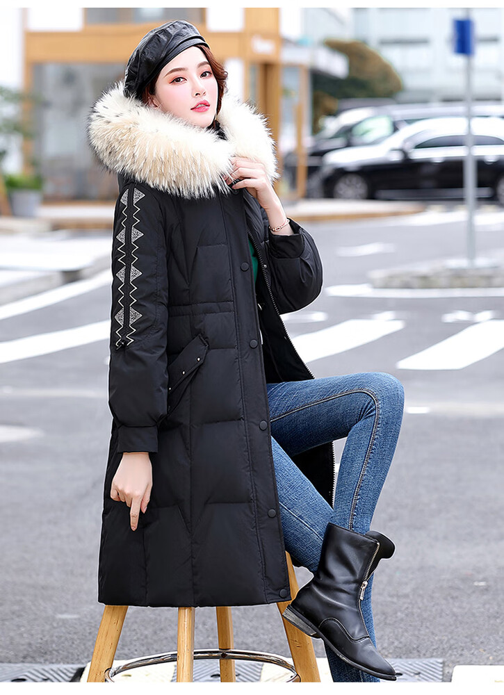 audde 2020冬季羽绒服女袖子刺绣腰间抽绳白鸭绒长款 sttcpyy9061