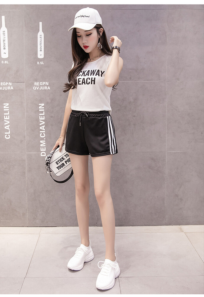 audde 2019夏季新品女装短裤女松紧腰系带运动胖mm休闲三杠 kkzthy