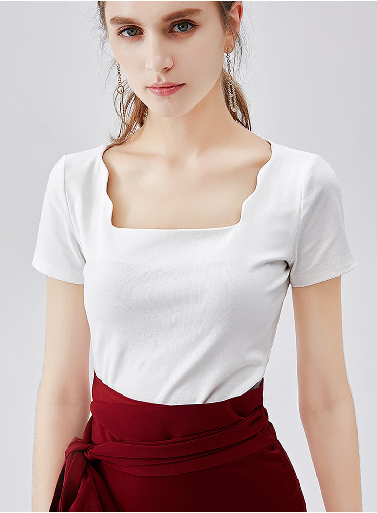 沫欣2019夏季新品女装t恤女纯色波浪边露锁骨性感方领棉通勤休闲短袖