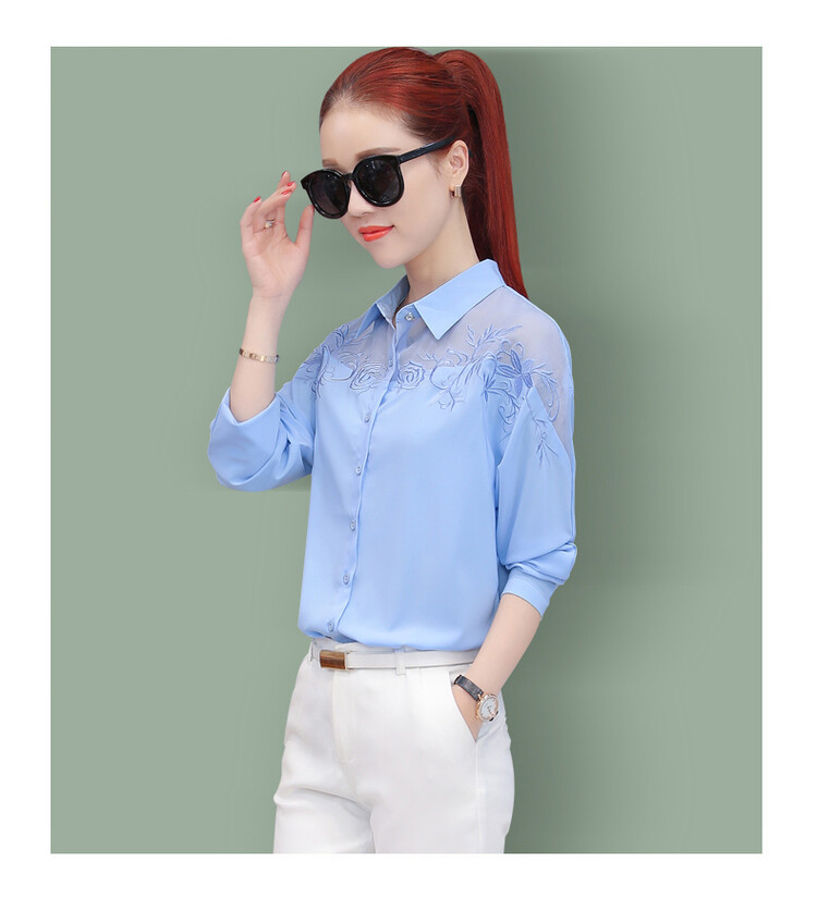 秋季新品女装衬衫女宽松韩版小清新polo雪纺上衣镂空 kkz07 天蓝色 s